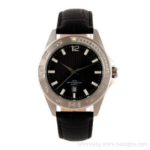 Brand Stainless Steel Watch with Date Movement, Genuine Leather Band